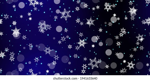 Fallende Schneeflocken nahtloses Muster. Illustration mit fliegendem Schnee, Frost, Schneefall. Winternahtloser Druck für Weihnachten auf blauem nächtlichem Hintergrund. Holiday Vector Illustration für Neujahr 