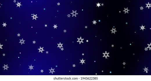 Falling Snowflakes seamless pattern. Illustration with flying snow, frost, snowfall. Winter seamless print for christmas celebration on blue night background. Holiday Vector illustration for New Year 