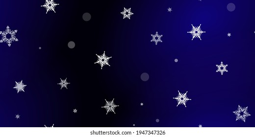 Falling Snowflakes seamless pattern. Illustration with flying snow, frost, snowfall. Winter seamless print for christmas celebration on blue night background. Holiday Vector illustration for New Year 