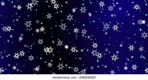 Falling Snowflakes seamless pattern. Illustration with flying snow, frost, snowfall. Winter seamless print for christmas celebration on blue night background. Holiday Vector illustration for New Year 