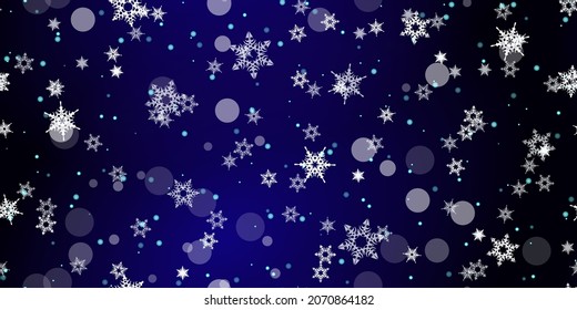 Falling Snowflakes seamless pattern. Illustration with flying snow, frost, snowfall. Winter seamless print for christmas celebration on blue night background. Holiday Vector illustration for New Year 