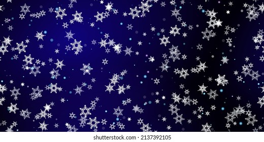 Fallende Schneeflocken nahtloses Muster. Illustration mit fliegendem Schnee, Frost, Schneefall. Winternahtloser Druck für Weihnachten auf blauem nächtlichem Hintergrund. Holiday Vector Illustration für Neujahr 