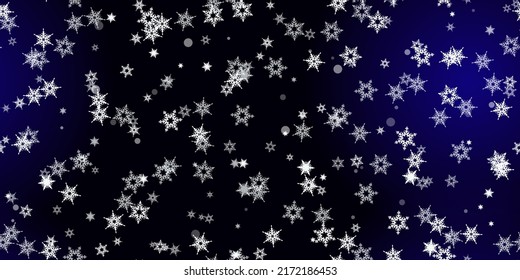 Caer Copos de nieve sin fisuras. Ilustración con nieve voladora, heladas, nevadas. Impresión perfecta de invierno para celebración de navidad en fondo azul de noche. Ilustración de vectores de vacaciones para Año Nuevo 