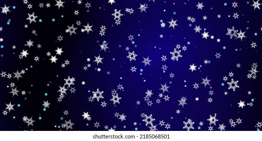 Falling Snowflakes seamless pattern. Illustration with flying snow, frost, snowfall. Winter seamless print for christmas celebration on blue night background. Holiday Vector illustration for New Year 