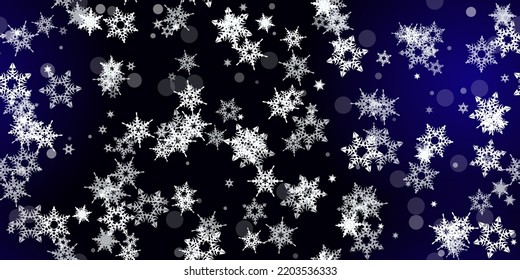 Caer Copos de nieve sin fisuras. Ilustración con nieve voladora, heladas, nevadas. Impresión perfecta de invierno para celebración de navidad en fondo azul de noche. Ilustración de vectores de vacaciones para Año Nuevo 