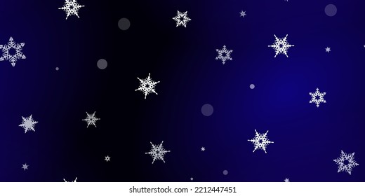 Fallende Schneeflocken nahtloses Muster. Illustration mit fliegendem Schnee, Frost, Schneefall. Winternahtloser Druck für Weihnachten auf blauem nächtlichem Hintergrund. Holiday Vector Illustration für Neujahr 
