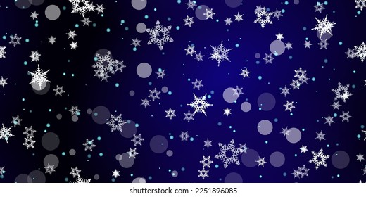 Fallende Schneeflocken nahtloses Muster. Illustration mit fliegendem Schnee, Frost, Schneefall. Winternahtloser Druck für Weihnachten auf blauem nächtlichem Hintergrund. Holiday Vector Illustration für Neujahr 