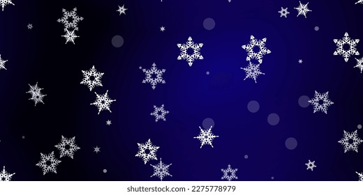 Falling Snowflakes seamless pattern. Illustration with flying snow, frost, snowfall. Winter seamless print for christmas celebration on blue night background. Holiday Vector illustration for New Year 