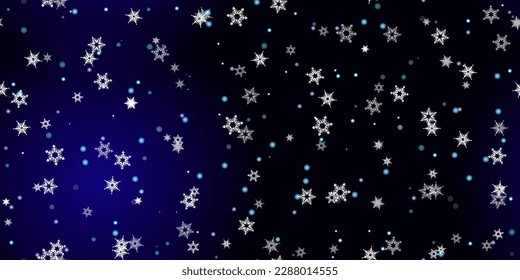 Caer Copos de nieve sin fisuras. Ilustración con nieve voladora, heladas, nevadas. Impresión perfecta de invierno para celebración de navidad en fondo azul de noche. Ilustración de vectores de vacaciones para Año Nuevo 