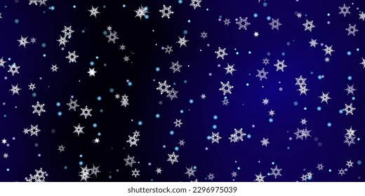 Fallende Schneeflocken nahtloses Muster. Illustration mit fliegendem Schnee, Frost, Schneefall. Winternahtloser Druck für Weihnachten auf blauem nächtlichem Hintergrund. Holiday Vector Illustration für Neujahr 