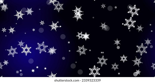 Falling Snowflakes seamless pattern. Illustration with flying snow, frost, snowfall. Winter seamless print for christmas celebration on blue night background. Holiday Vector illustration for New Year 