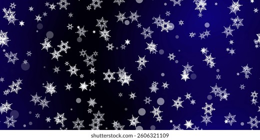 Falling Snowflakes seamless pattern. Illustration with flying snow, frost, snowfall. Winter seamless print for christmas celebration on blue night background. Holiday Vector illustration for New Year 