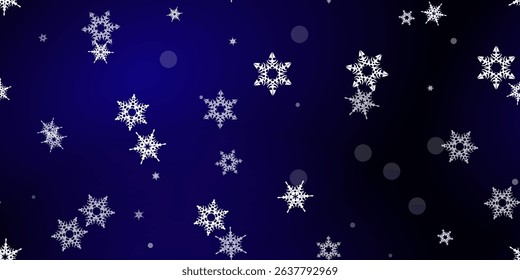 Falling Snowflakes seamless pattern. Illustration with flying snow, frost, snowfall. Winter seamless print for christmas celebration on blue night background. Holiday Vector illustration for New Year 