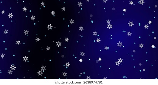 Falling Snowflakes seamless pattern. Illustration with flying snow, frost, snowfall. Winter seamless print for christmas celebration on blue night background. Holiday Vector illustration for New Year 
