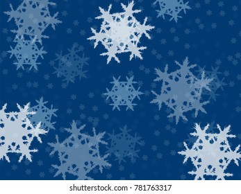 falling snowflakes, small and large on a blue background