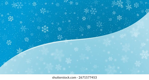 Falling snowflakes and snow flakes behind light glass matte background for information. Snow landscape on blue turquoise background. Vector illustration.