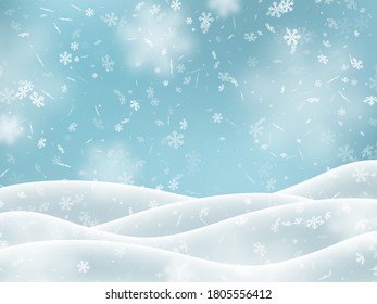 Falling snowflakes with snowdrifts, blur effect. Winter snowy background. Vector illustration.
