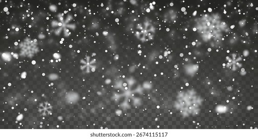 Copos De Nieve Caídos Y Fondo De Nieve De Invierno Suave Con Efecto Transparente Perfecto Para Festiva, Navidades Y Diseños De Temporada. Hermosa capa escarchada. Ilustración vectorial.