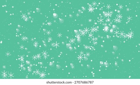 La caída de copos de nieve y la animación de partículas brillantes sobre un fondo verde