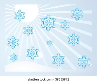 Falling snowflakes in the sun. Vector illustration