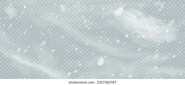 Falling snowflakes in transparent beauty, delicate and small, isolated on a clear background. Snowflake elements, snowy backdrop. Vector illustration of intense snowfall, snowflakes. Christmas.
