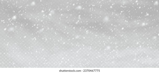 Falling snowflakes in transparent beauty, delicate and small, isolated on a clear background. Snowflake elements, snowy backdrop. Vector illustration of intense snowfall, snowflakes.