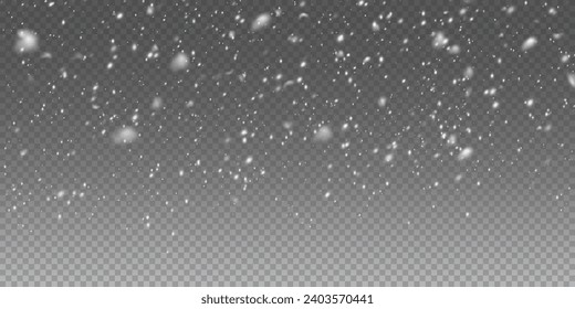 Falling snowflakes in transparent beauty, delicate and small, isolated on a clear background. Snowflake elements, snowy backdrop. Vector illustration of intense snowfall, snowflakes.