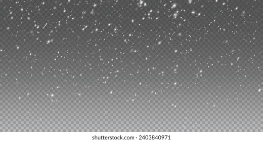 Falling snowflakes in transparent beauty, delicate and small, isolated on a clear background. Snowflake elements, snowy backdrop. Vector illustration of intense snowfall, snowflakes.