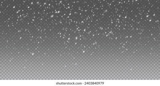 Falling snowflakes in transparent beauty, delicate and small, isolated on a clear background. Snowflake elements, snowy backdrop. Vector illustration of intense snowfall, snowflakes.