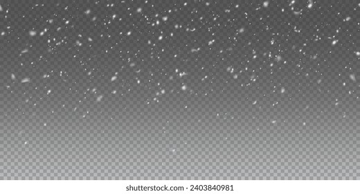 Falling snowflakes in transparent beauty, delicate and small, isolated on a clear background. Snowflake elements, snowy backdrop. Vector illustration of intense snowfall, snowflakes.