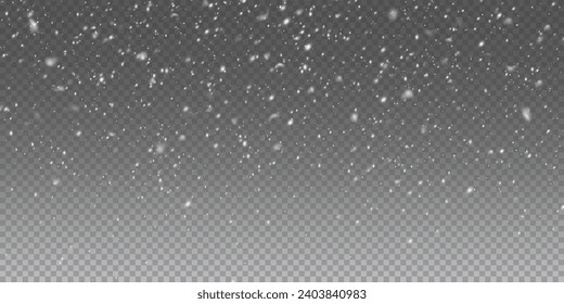 Falling snowflakes in transparent beauty, delicate and small, isolated on a clear background. Snowflake elements, snowy backdrop. Vector illustration of intense snowfall, snowflakes.