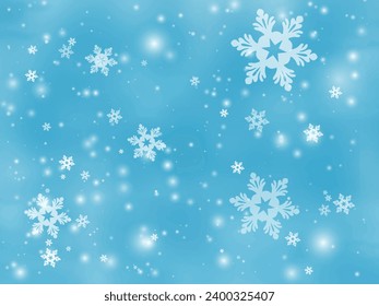 Falling snowflakes wallpaper. Snowfall sky, white and blue background. Winter and new year holidays. Christmas background. Vector illustration