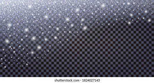 Caída de copos de nieve, nieve de plata de invierno brillando sobre fondo transparente. Decoración navideña, partículas luminosas brillantes, efecto brillante realista. Ilustración del vector