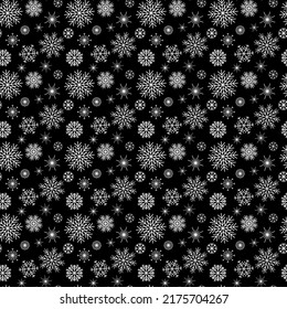 Falling Snowflakes.Black background Seamless pattern snowflake Design texture winter season for prints White snowflakes New Year Repeat. Snow. Snowflake in doodle style Vector illustration Christmas