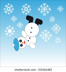 Falling snowman on blue  background with snowflakes. Vector illustration