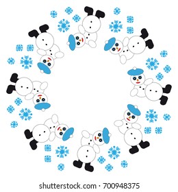 Falling snowman with snowflakes in ring on white  background. Vector illustration.