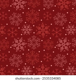 Falling snows and snow crystals and pattern on claret red background.