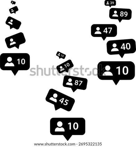 Falling Social Media Follower Notification Popups, Stream of New Users