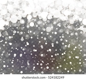 Falling sparkling transparent glitter. Snowy blurred background.