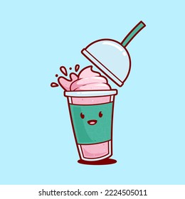 falling with splash out strawberry smoothies milkshake juice with ice cream topping illustration vector cartoon character