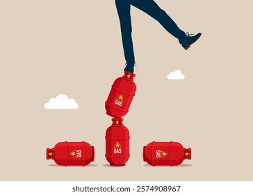 Falling from stack of unstable gas cylinders. Unstable sale of gas products, risky situation. Flat vector illustration.