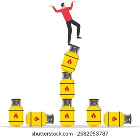 Falling from stack of unstable gas cylinders. Unstable sale of gas products, risky situation. Flat vector illustration.

