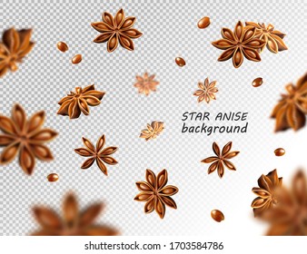 Falling star anise background. Flying star aniseed on a transparent backdrop. Quality realistic vector, 3d illustration