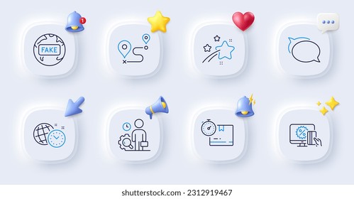 Falling star, Cardboard box and Online shopping line icons. Buttons with 3d bell, chat speech, cursor. Pack of Fake news, Time management, Talk bubble icon. Inspect, Journey pictogram. Vector
