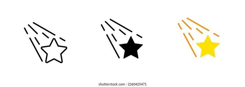 Estrella en caída. Caída, retroalimentación, famoso, brillante, reseña, calificar el servicio, clasificación, espacio exterior, cuerpo celestial. Icono de conjunto de vectores en línea, estilos negros y coloridos aislados en fondo blanco