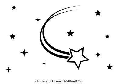 ícone de estrela cadente. estrela com cauda de cometa, conjunto de estrela cadente com trilhas.