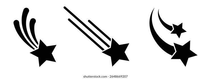 ícone de estrela cadente. estrela com cauda de cometa, conjunto de estrela cadente com trilhas.