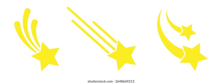 ícone de estrela cadente. estrela com cauda de cometa, conjunto de estrela cadente com trilhas.