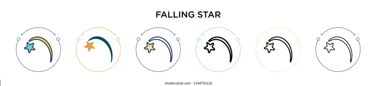 Falling star icon in filled, thin line, outline and stroke style. Vector illustration of two colored and black falling star vector icons designs can be used for mobile, ui, web