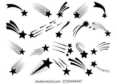 Ícone de estrela cadente. Ícone de uma estrela cadente. Um conjunto de silhuetas exibe estrelas cadentes em várias formas, oferecendo designs simples, mas dinâmicos.